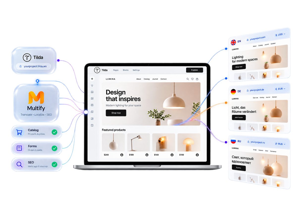 Proyecto de cliente en Tilda con selector de idioma y paneles Multify: idiomas, localización, SEO, monedas